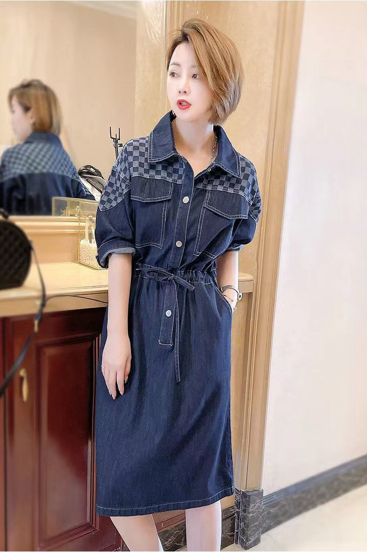 ĐẦM JEAN DENIM DÁNG XÒE CỔ SƠ MI PHỐI CARO